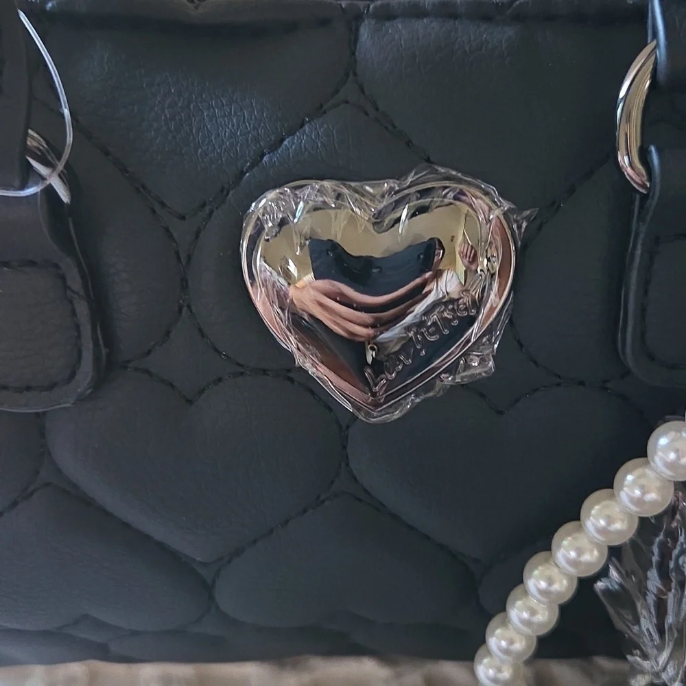 Luv Betsy By Betsy Johnson Black Heart Quilted Barrel Satchel Crossbody Bag
